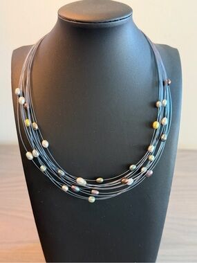 Honora Multi-Strand Black Wire Necklace with Multi-Colored Pearl Beads